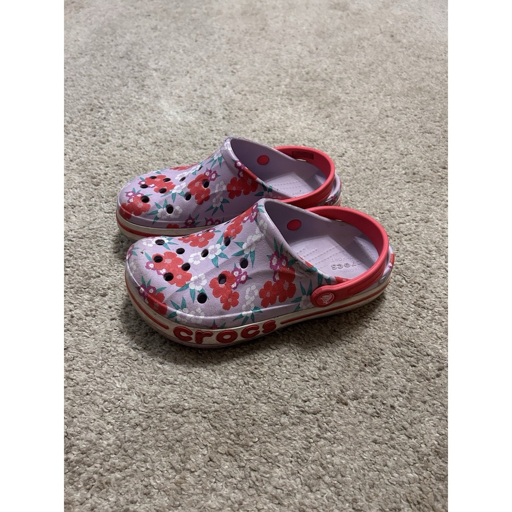 Crocs Crocband Clogs Size J3 Kids Youth Purple Pink Flowers Hawaiian Print Baya